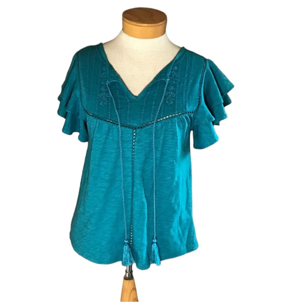 Rocks & Indigo Turquoise Boho Embroidered Ruffle Top XS NWT Cotton Blouse